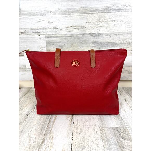 Joy Mangano Women’s Red Leather Large Tote Bag Purse Laptop Weekender NEW - Picture 1 of 9